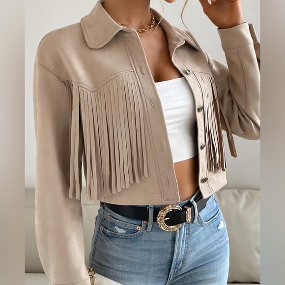 Lypobala Jackets & Blazers - Western tan faux suede fringe jacket NEW in package